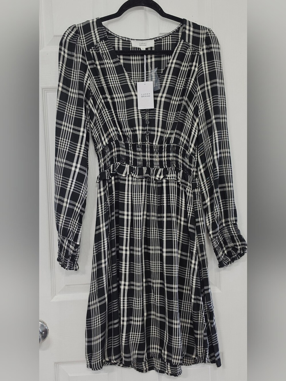 Lucky Brand Black & White Plaid Long Sleeved Smocked Waist Dress S NEW